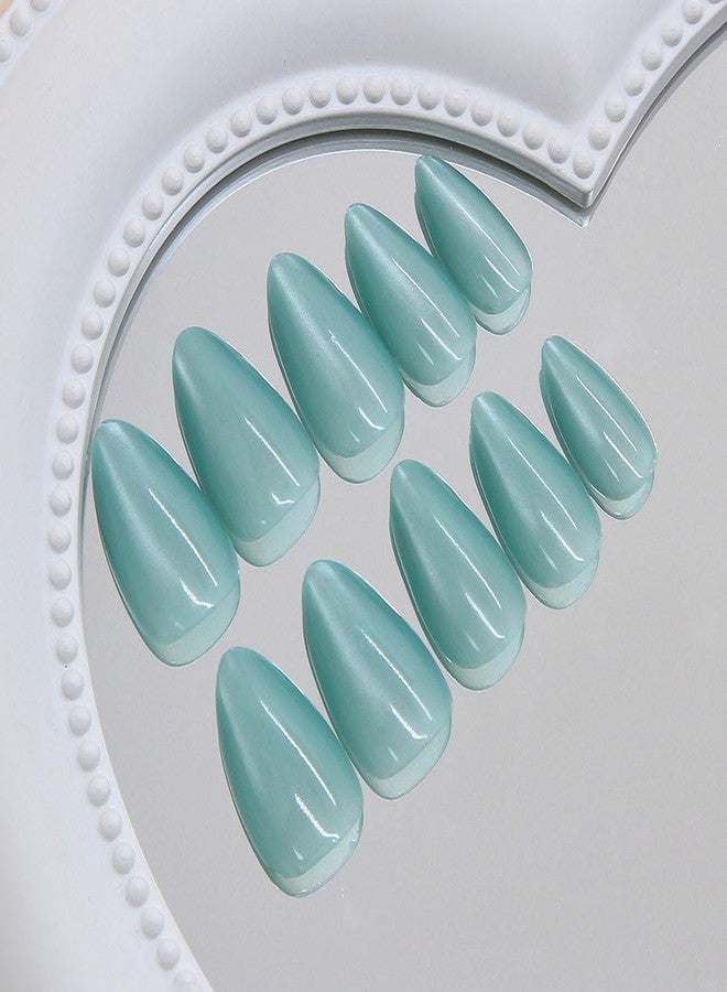 RikView Short Press on Nails Almond Fake Nails Cyan Nails with Cat Eye Finish Glossy Full Cover Nails for Women 30 PCs/Set - Image 3